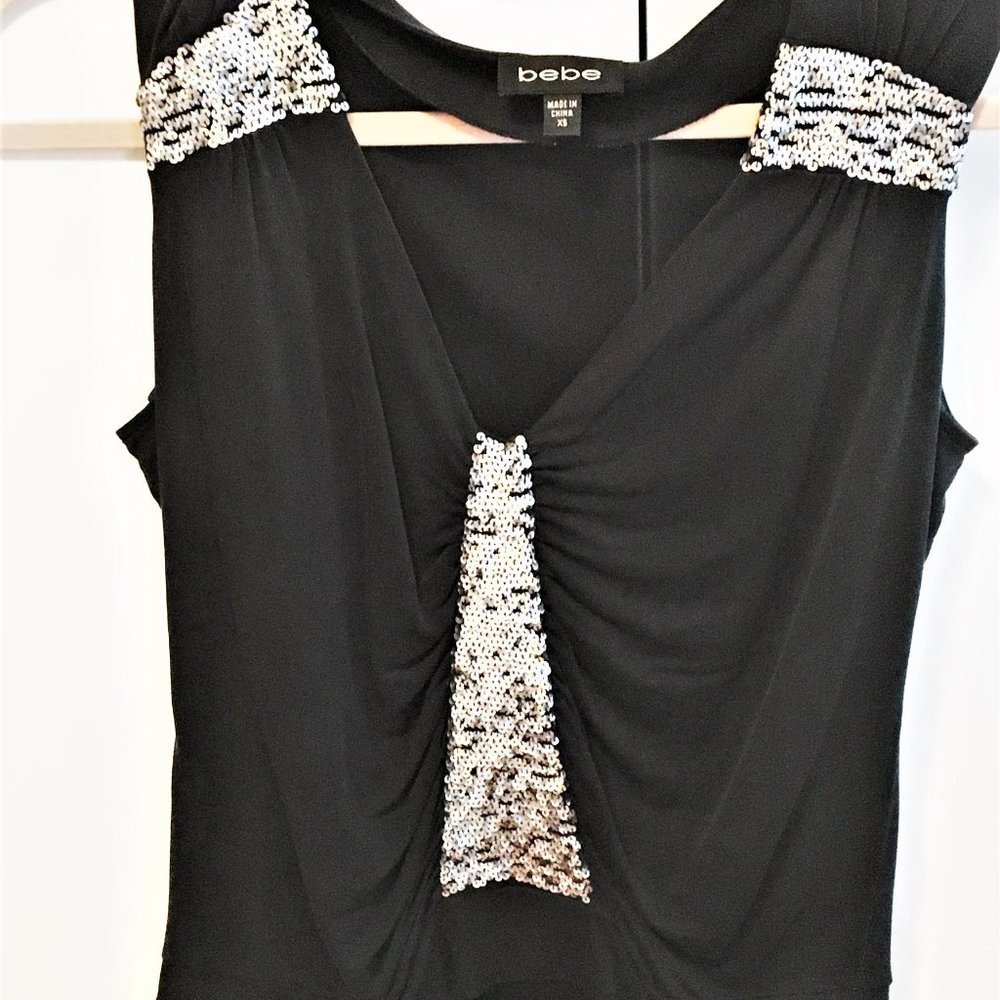 BeBe Black and Silver Sequin Lycra Disco Top